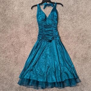 Vintage Y2k Ruby Rox Sparkly Glitter Teal Halter Prom Party Dress Ruched Bodice